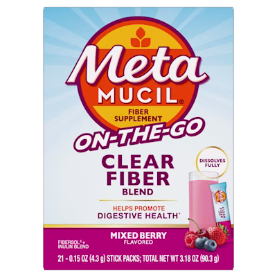 Metamucil On-The-Go Clear Fiber Blend box in mixed berry flavor with blue sunburst background and product imagery.