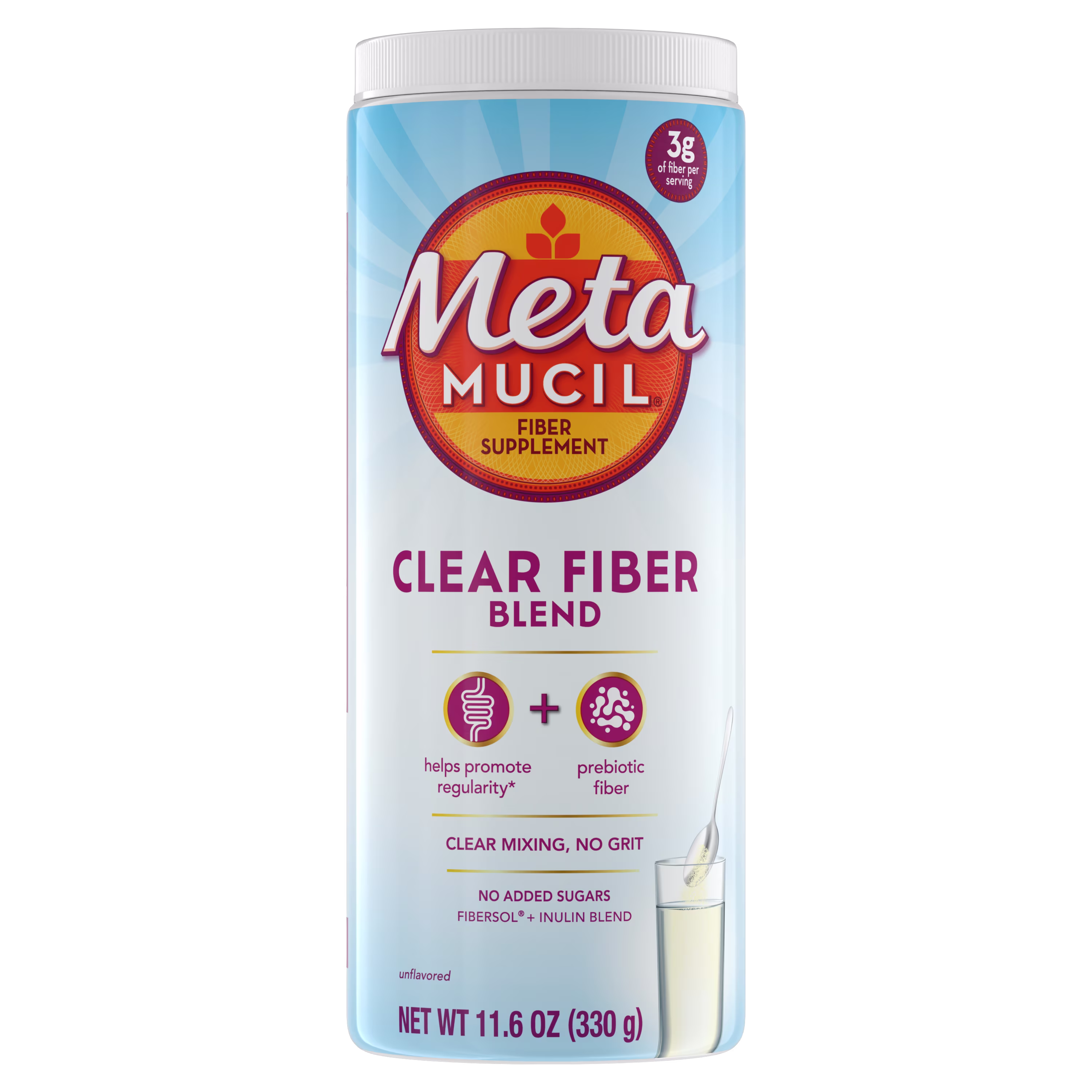 A bottle of Metamucil Clear Fiber Blend powder on white background.