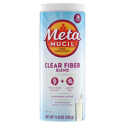 A bottle of Metamucil Clear Fiber Blend powder on white background.