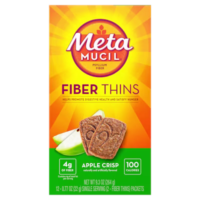 A package of Metamucil apple crisp fiber thins on white background.