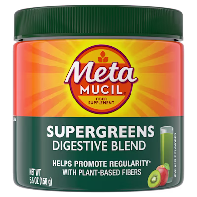 A bottle of Metamucil SuperGreens Digestive Blend.