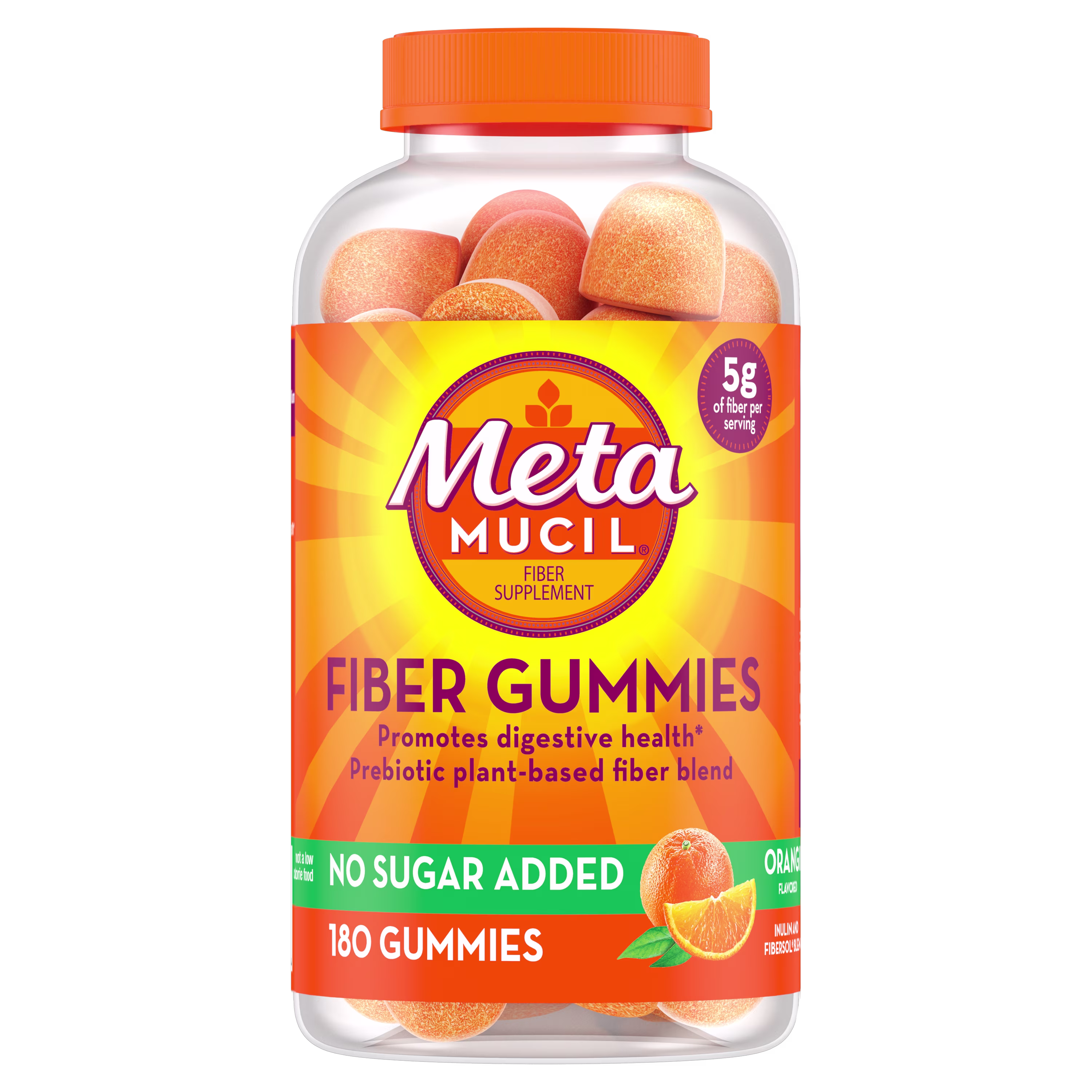 A bottle of 180 count Metamucil Fiber Gummies with No Added Sugar.