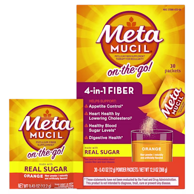 Packages of Metamucil 4-in-1 fiber on-the-go real sugar orange powder.