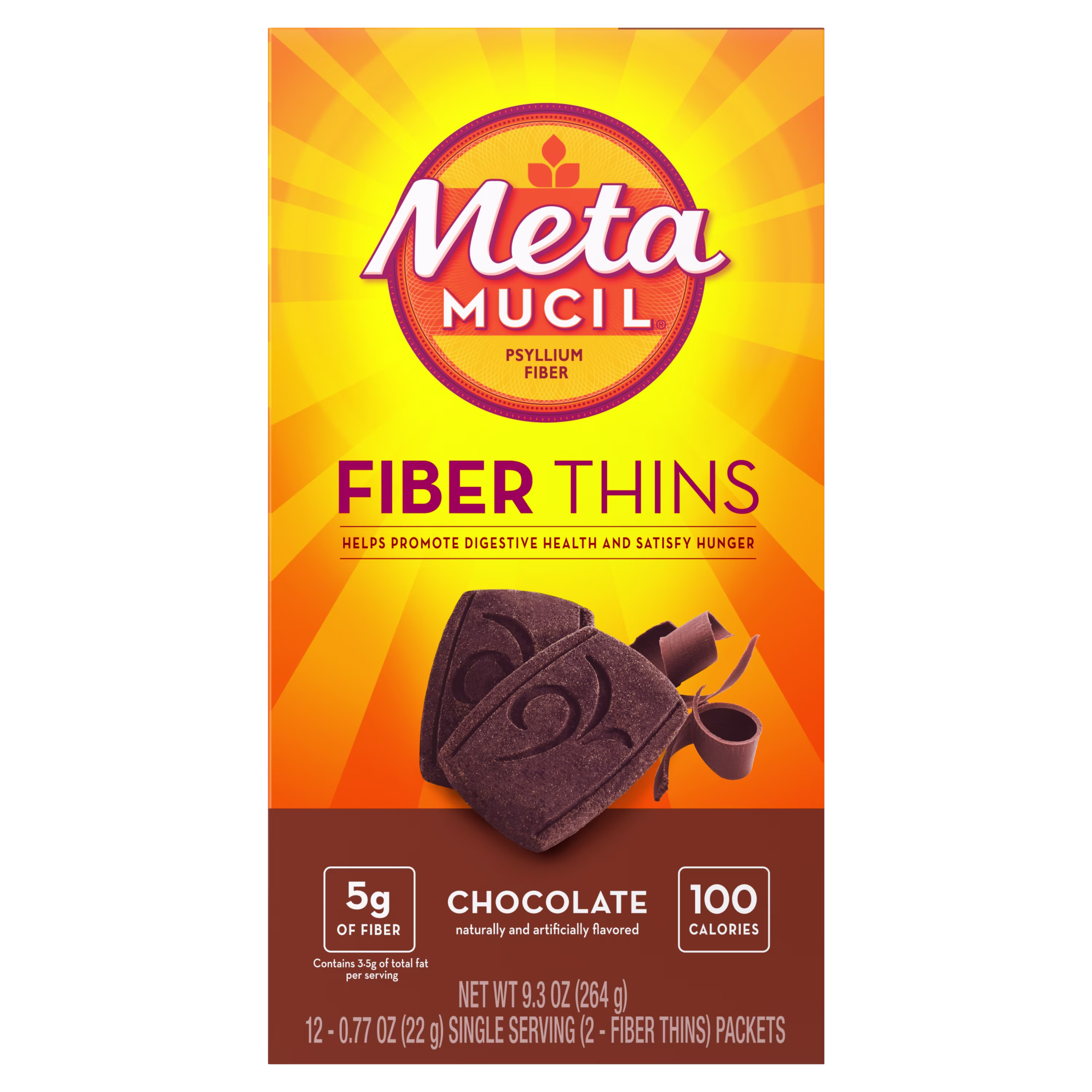 A package of Metamucil chocolate fiber thins on white background.