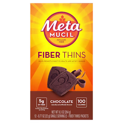 A package of Metamucil chocolate fiber thins on white background.