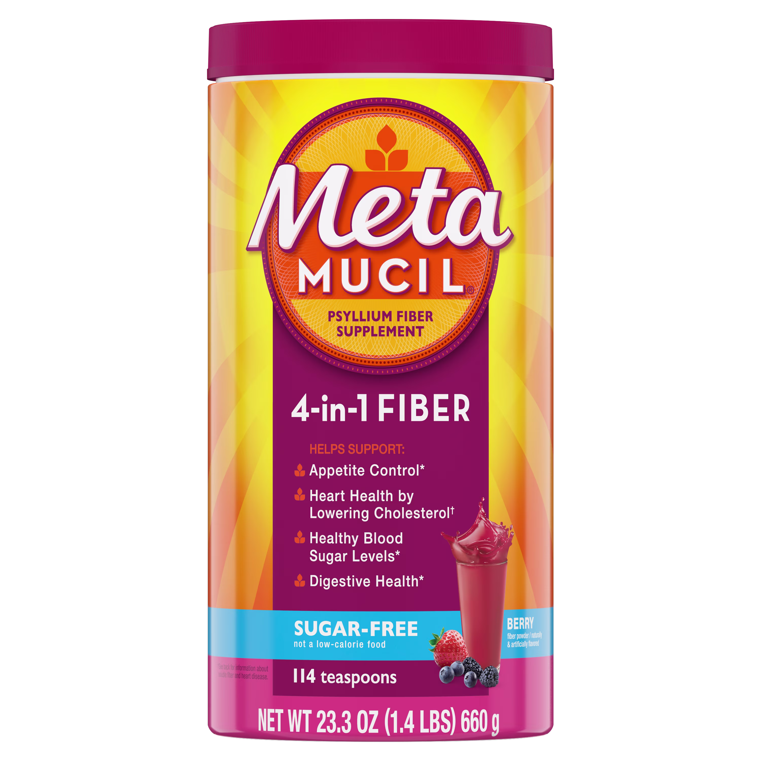A bottle of Metamucil 4-in-1 fiber Sugar-Free berry smooth powder.