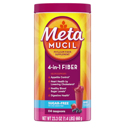 A bottle of Metamucil 4-in-1 fiber Sugar-Free berry smooth powder.