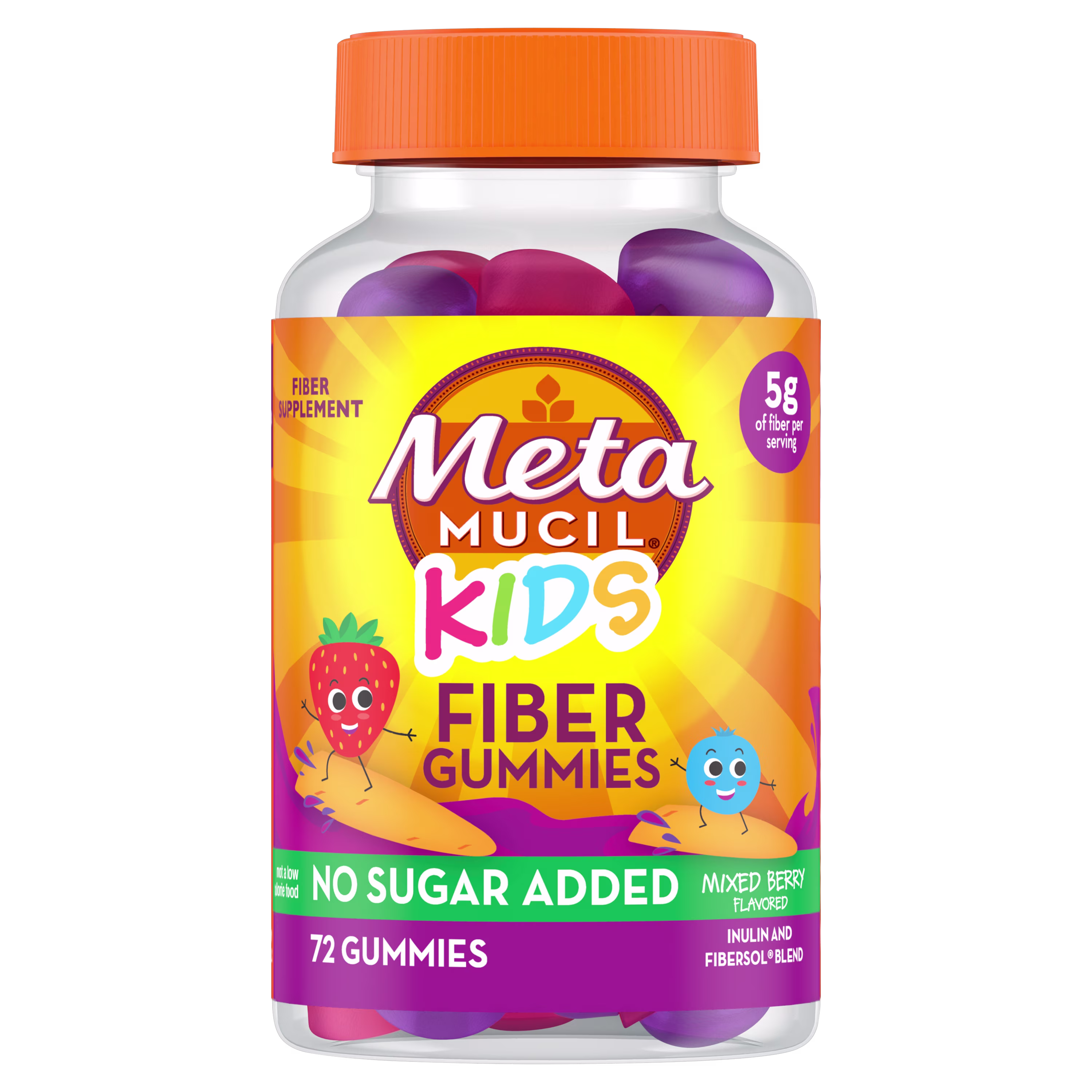A bottle of 72 count Metamucil Kids Fiber Gummies mixed berry flavor no sugar added.