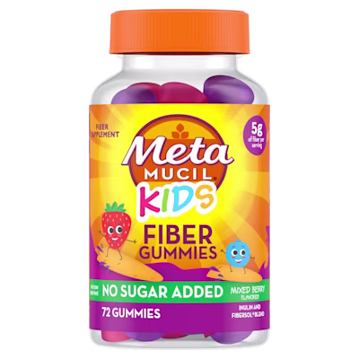 A bottle of 72 count Metamucil Kids Fiber Gummies mixed berry flavor no sugar added.
