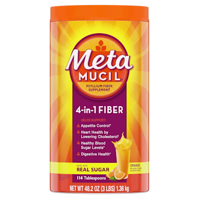A bottle of Metamucil 4-in-1 fiber with real sugar powder.
