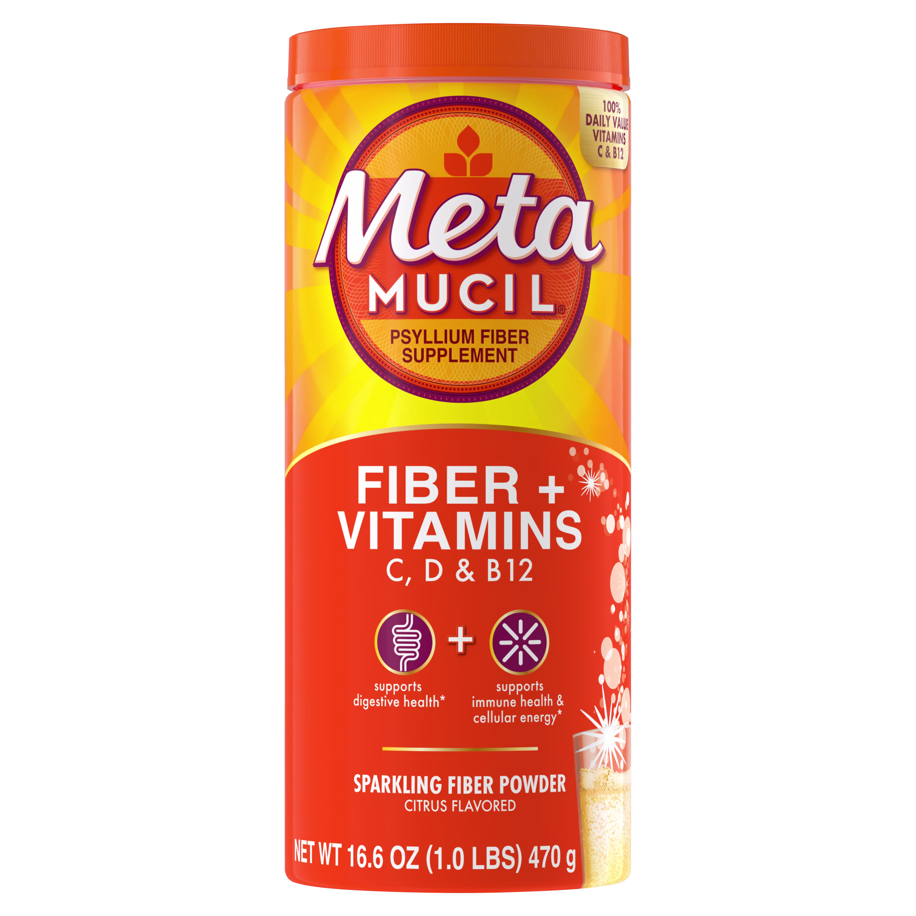 A bottle of Metamucil Fiber+ Vitamins C D & B12 Sparkling Fiber Powder on white background.