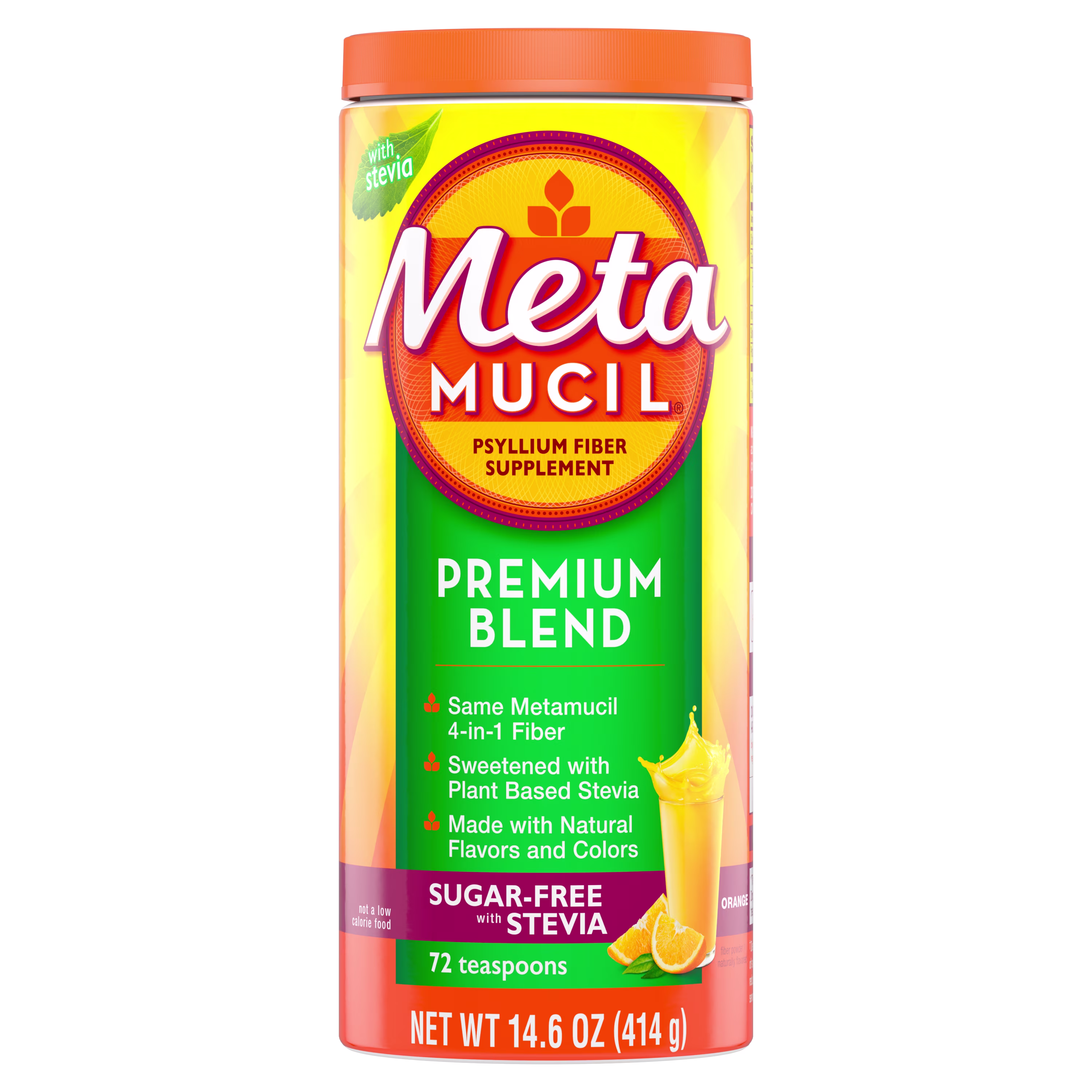 A bottle of Metamucil Premium Blend Sugar-Free Orange Powder and white background.