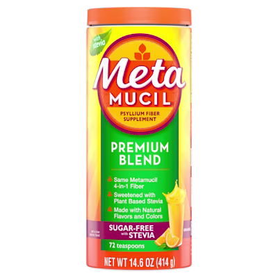 A bottle of Metamucil Premium Blend Sugar-Free Orange Powder and white background.