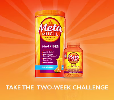 2 bottles of Metamucil 4-in-1 fiber sugar free orange smooth powder and 3-in-1 daily fiber capsules on orange background.