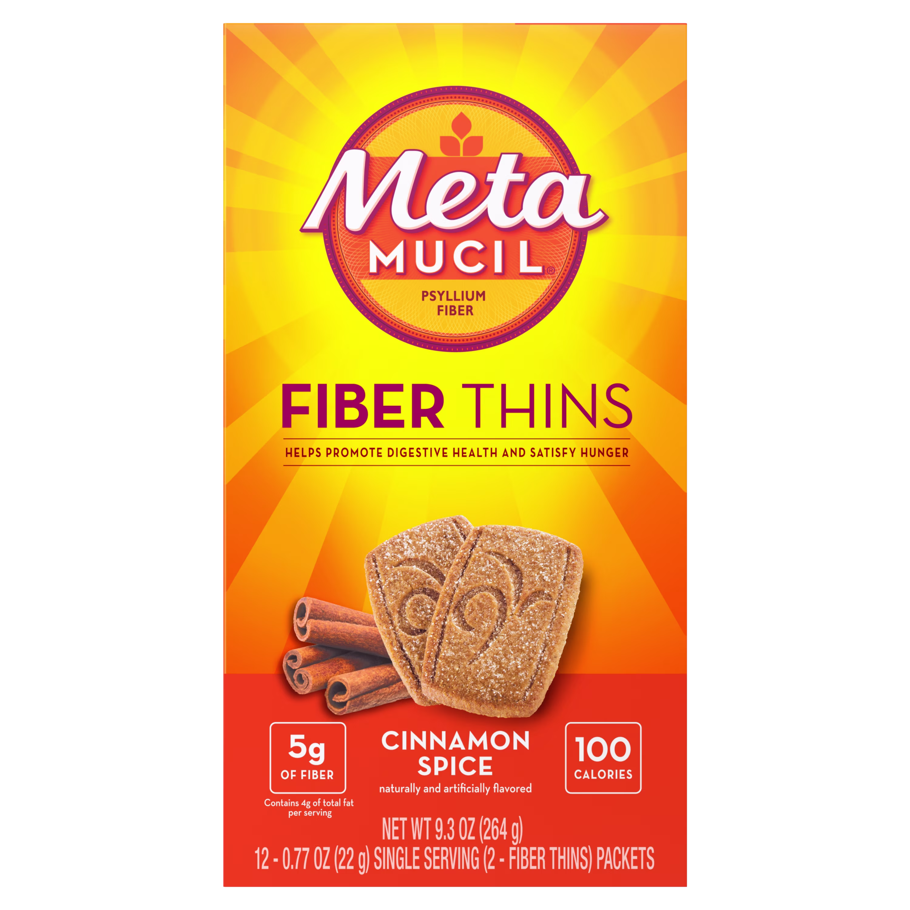 A package of Metamucil cinnamon spice fiber thins on white background.