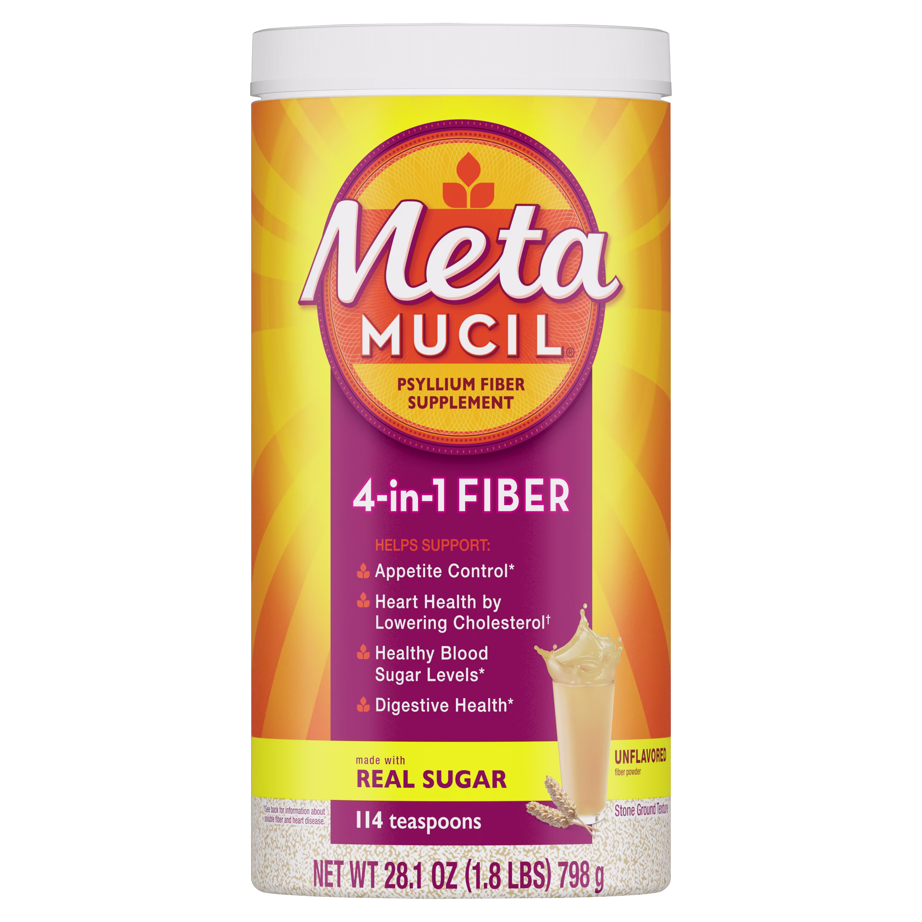 A bottle of Metamucil 4-in-1 fiber real sugar unflavored coarse powder on white background.