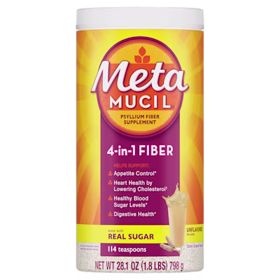 A bottle of Metamucil 4-in-1 fiber real sugar unflavored coarse powder on white background.