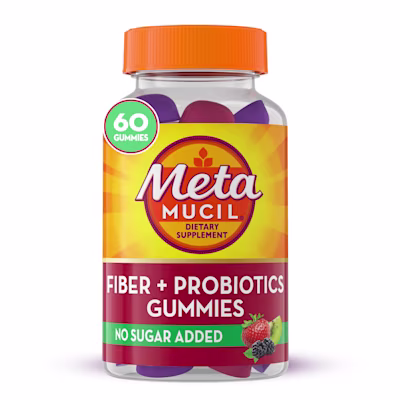 A bottle of 60 count Metamucil Fiber + Probiotics Gummies.