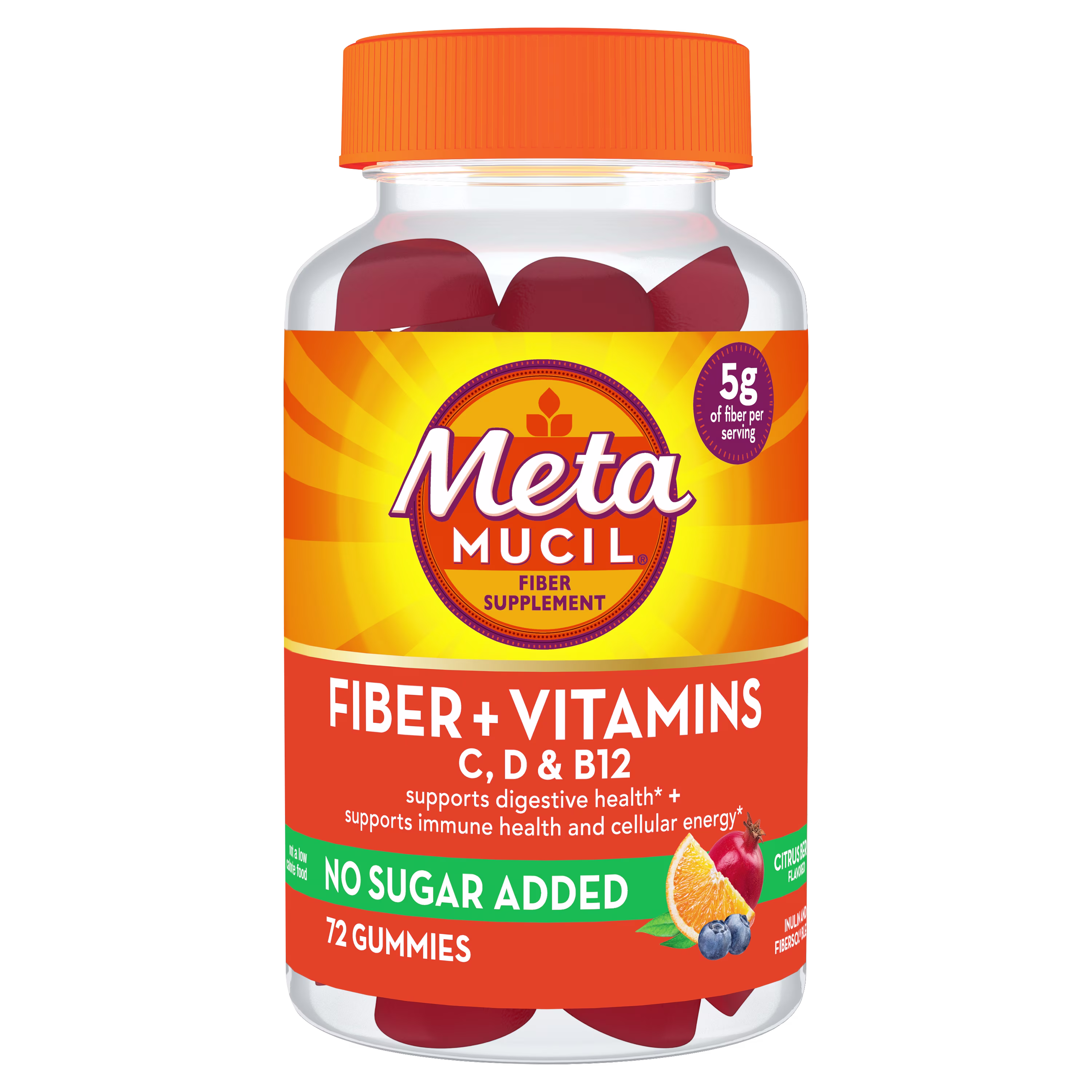 A bottle of Metamucil Fiber Plus Vitamins Gummies on white background.