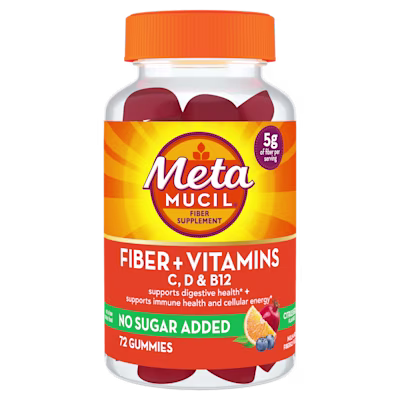 A bottle of Metamucil Fiber Plus Vitamins Gummies on white background.