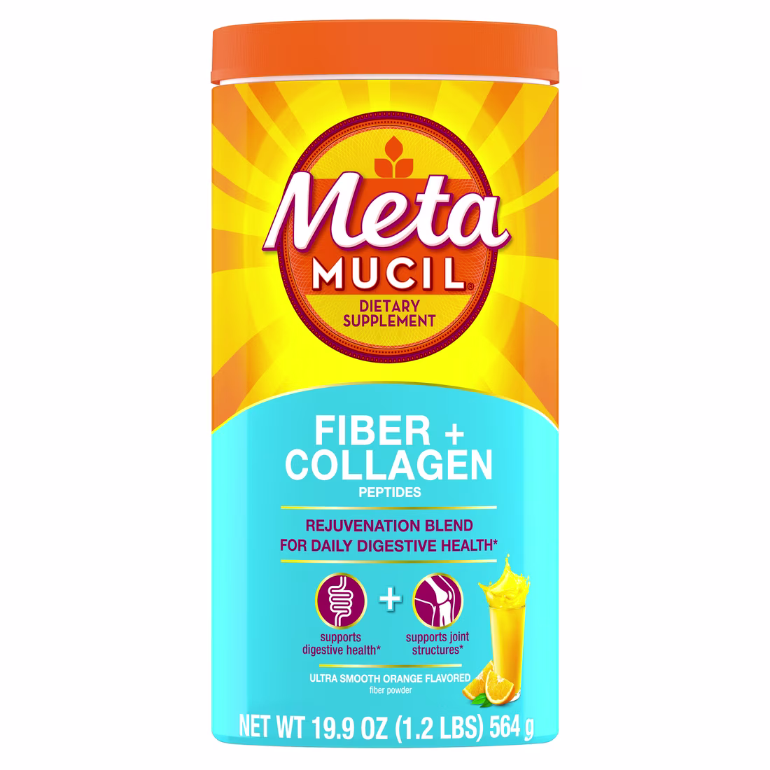 A bottle of Metamucil Fiber + Collagen Rejuvenation Blend Orange Powder.