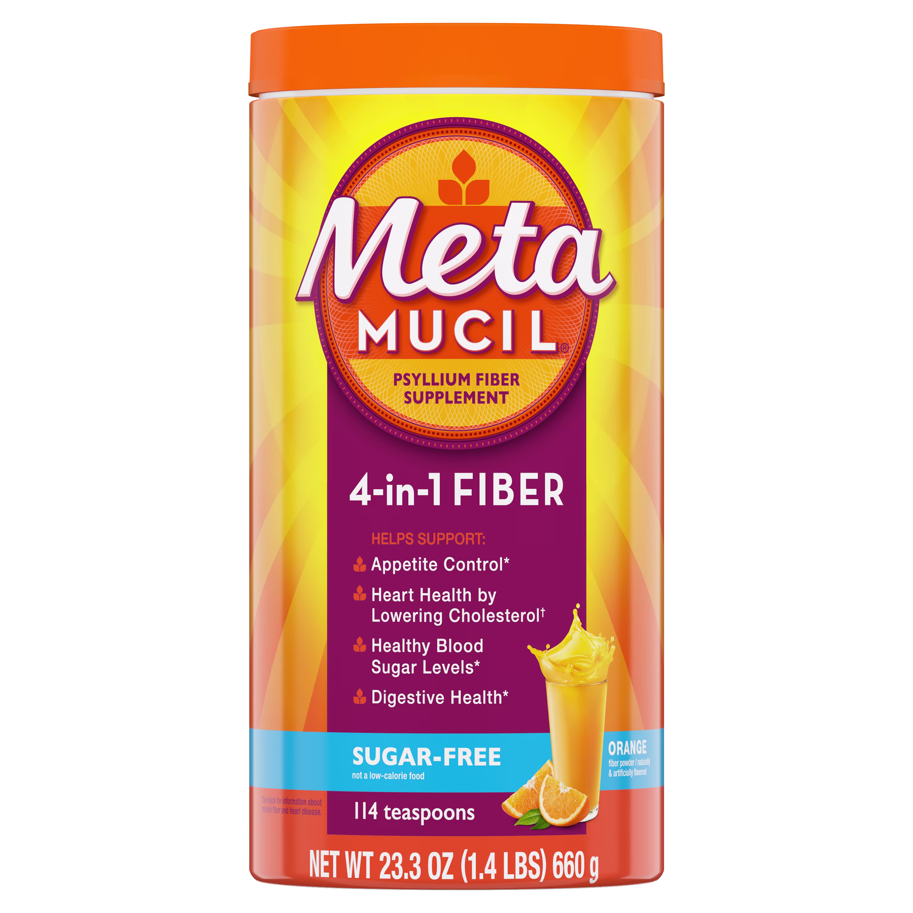 A bottle of Metamucil 4-in-1 fiber Sugar-Free Orange Smooth Powder.