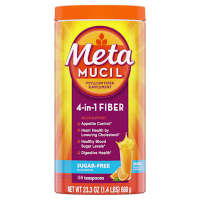 A bottle of Metamucil 4-in-1 fiber Sugar-Free Orange Smooth Powder.