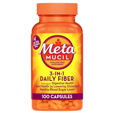 A bottle of Metamucil 3-in-1 psyllium fiber supplement capsules 100 count.