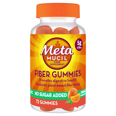 A bottle of 70 count Metamucil Fiber Gummies with No Added Sugar.
