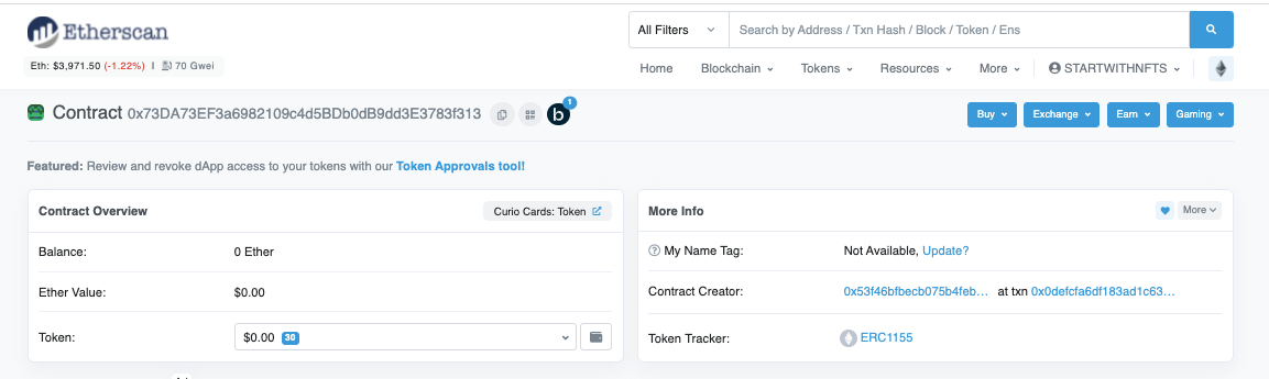 Curio Card Etherscan