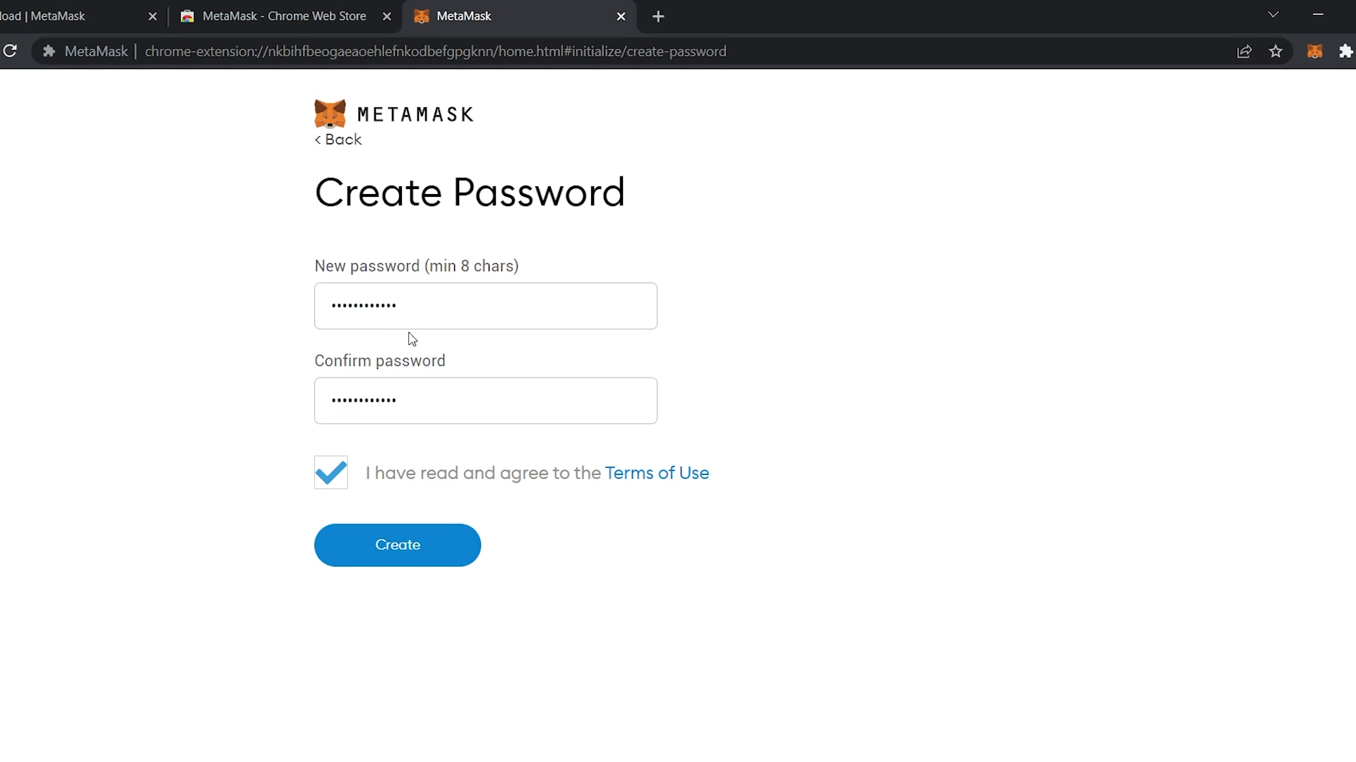 Creating MetaMask Password