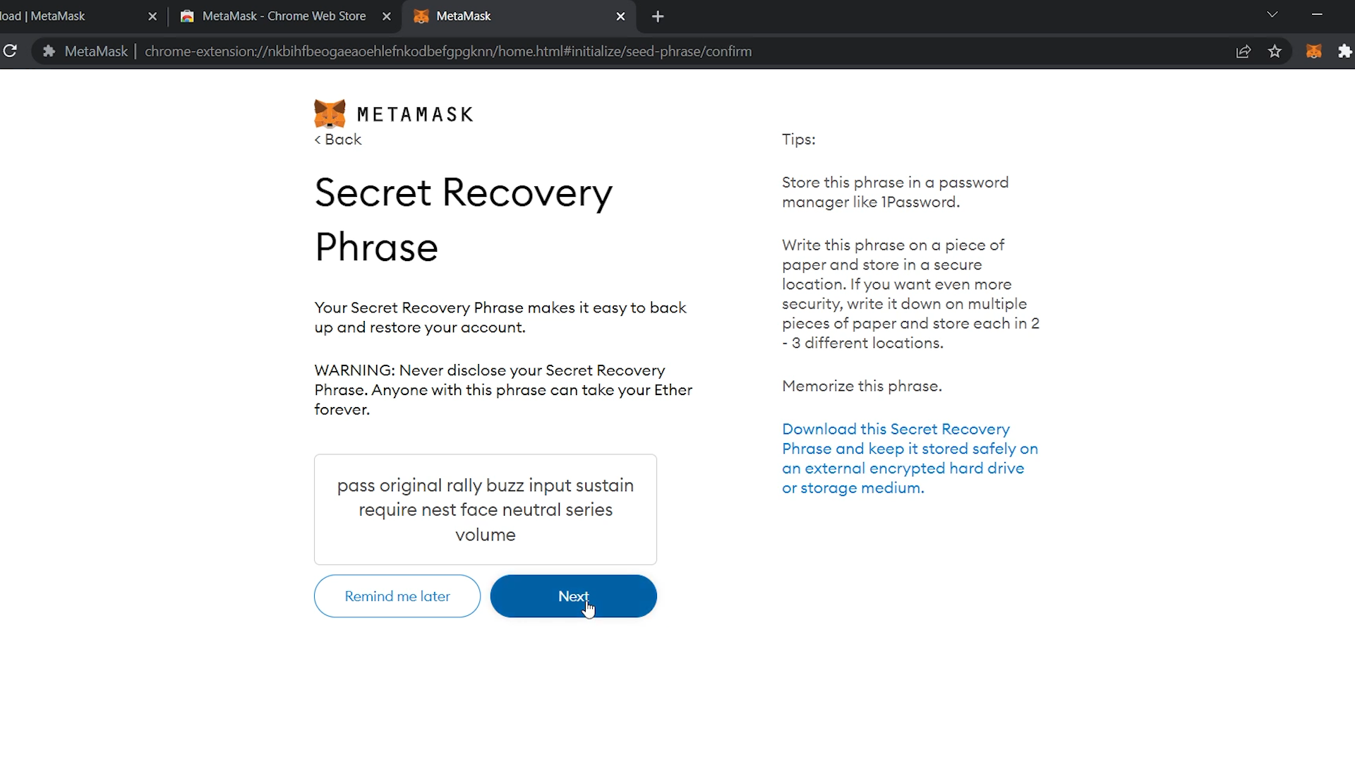 Secret Recovery Phrase on MetaMask