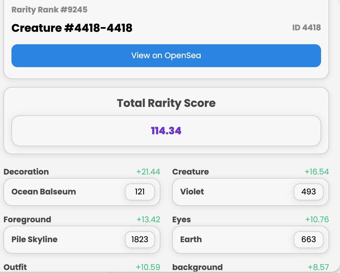 Creature World Rarity Detail for an Asset 