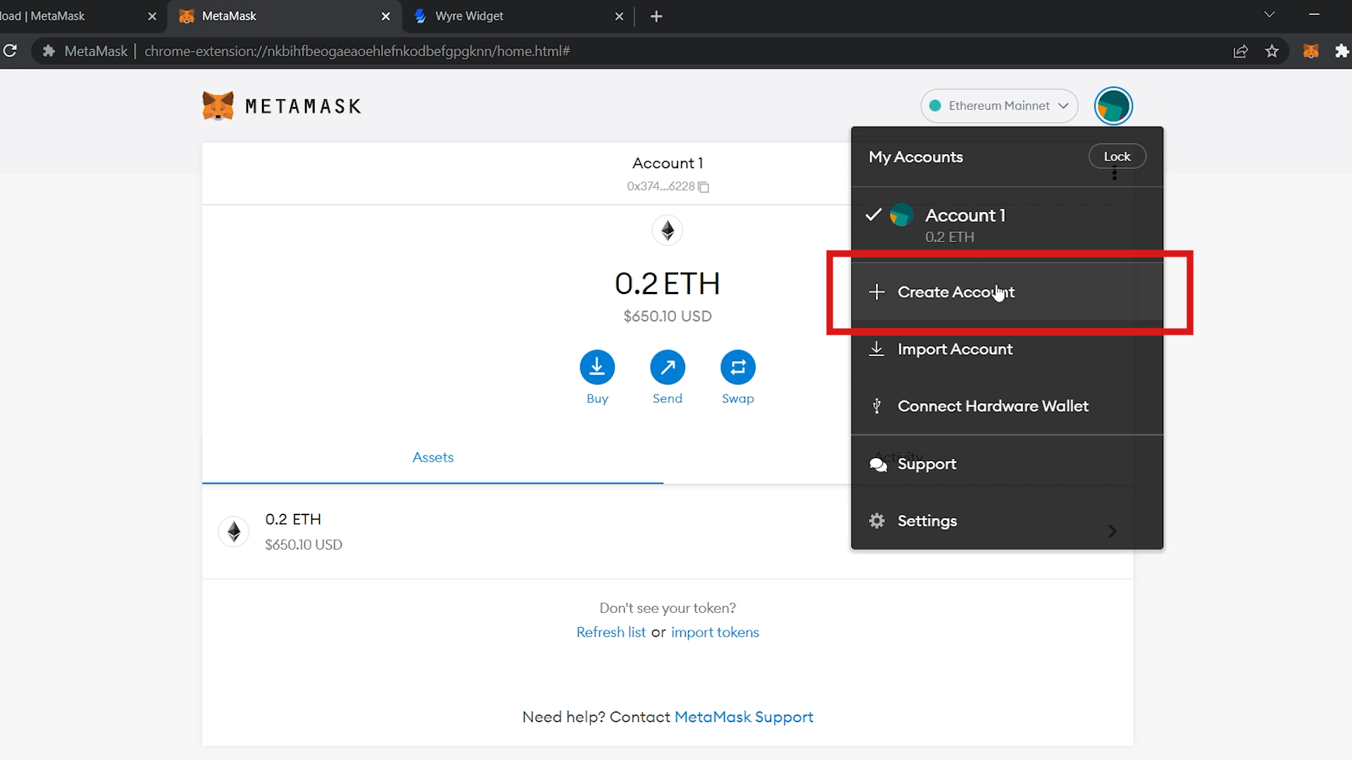 Creating New Account in MetaMask
