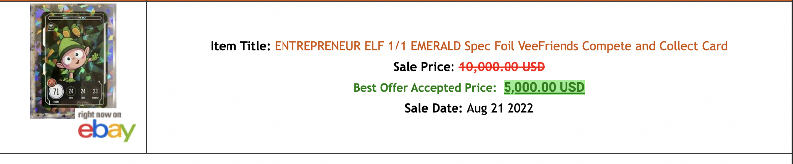 Entrepreneur Elf One of One Emerald - The Most Expensive VeeFriends Series 2 Compete and Collect Trading Card