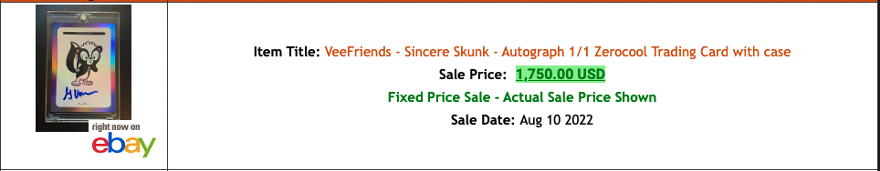 VeeFriends Compete and Collect Sincere Skunk 1:1 Auto Sale