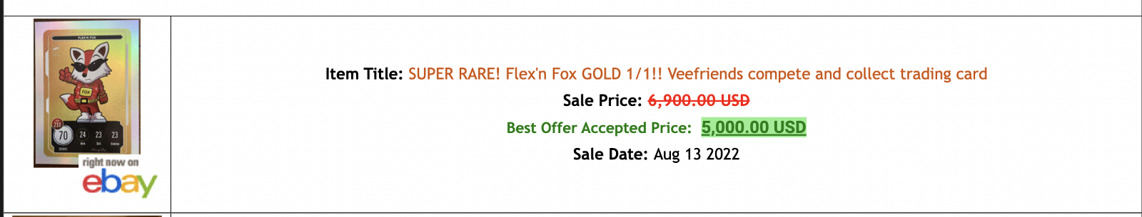 VeeFriends Flex -n- Fox Gold one of one Record Sale