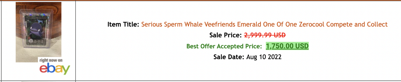 Serious Sperm Whale VeeFriends Compete and Collect Emerald One of One Record Sale