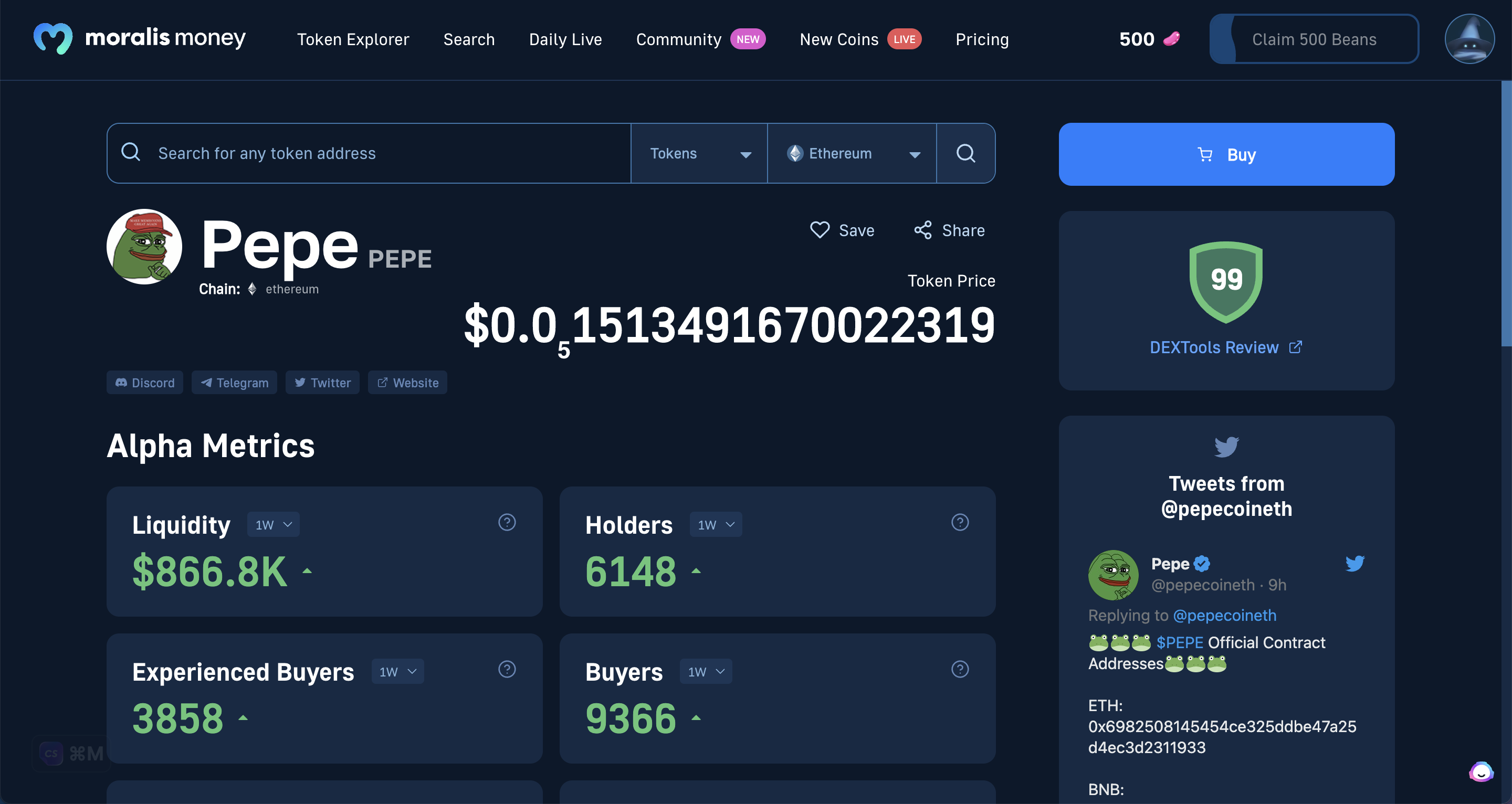 PEPE Moralis Money Dashboard