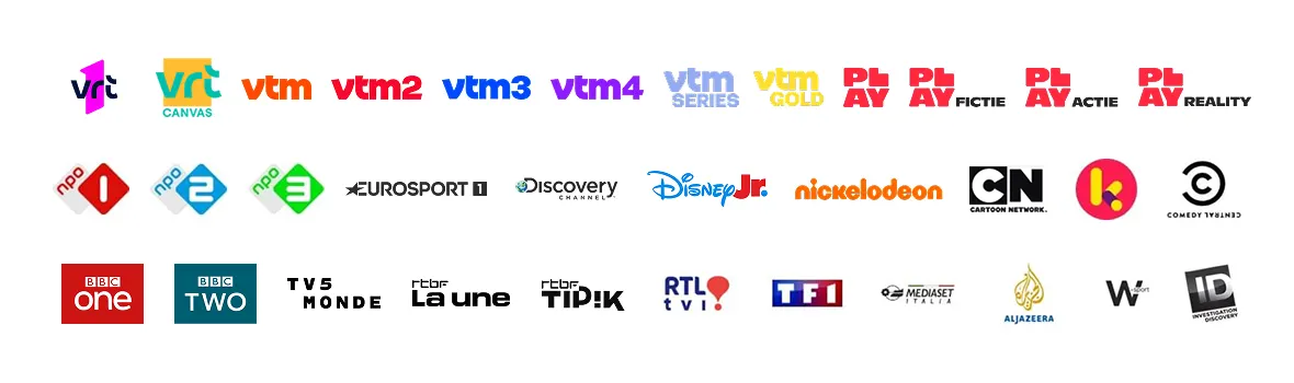 TV channel logos included in Scarlet Digital TV: local Belgian channels, kids’ favorites, sports and international networks.