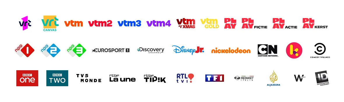 TV channel logos included in Scarlet Digital TV: local Belgian channels, kids’ favorites, sports and international networks.