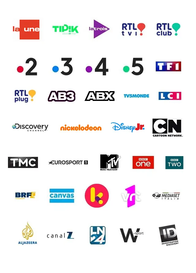 Chaînes incluses dans Scarlet TV digitale : chaînes belges, pour enfants, sport et chaînes internationales.