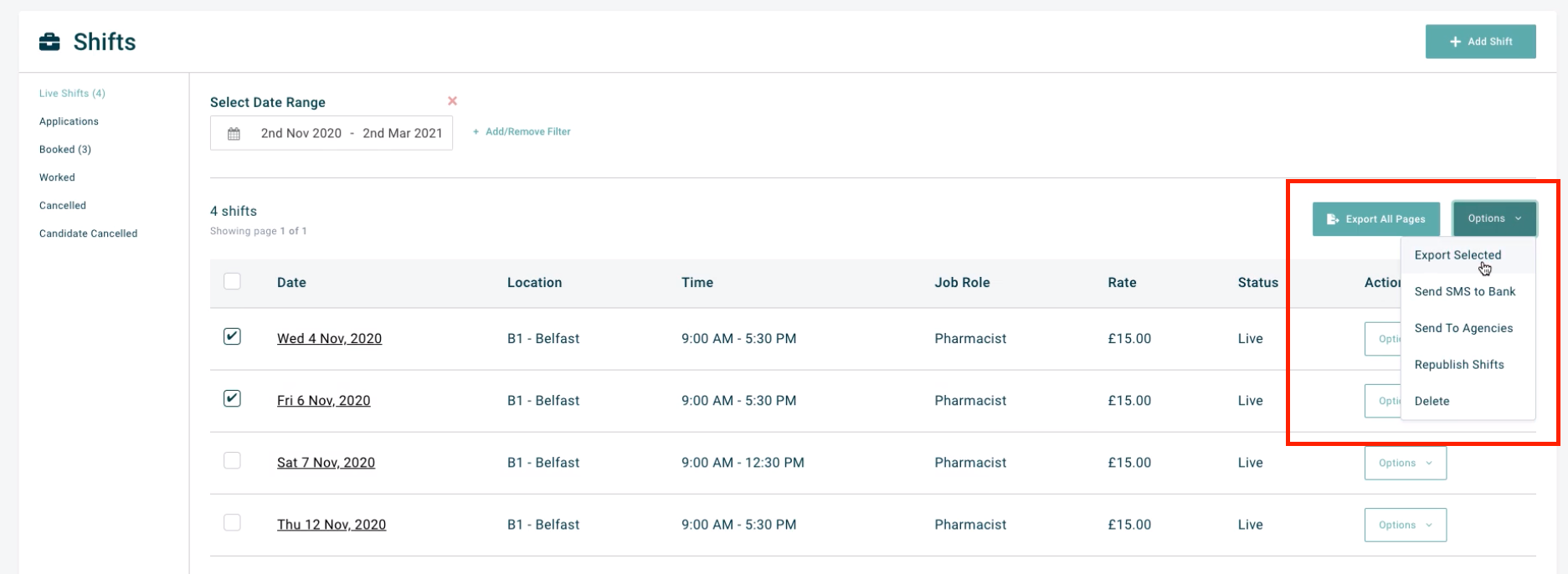 Shift Page - Bulk Actions