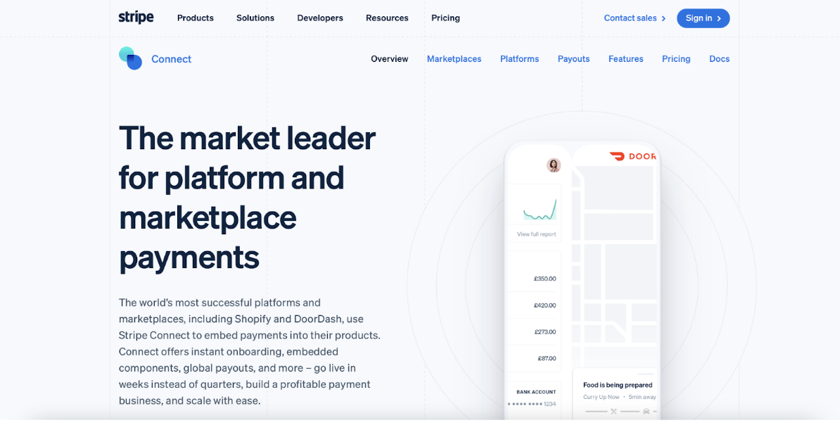 Stripe connect main landing page