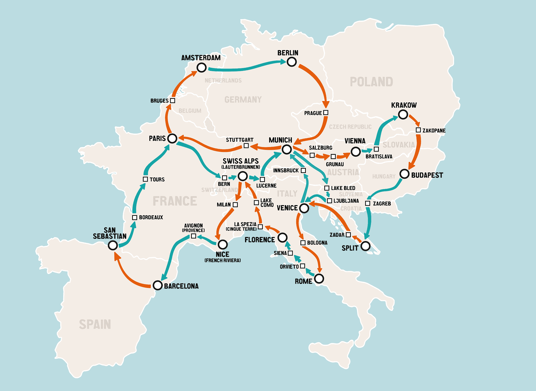 Europe Hop-on Hop-off network map