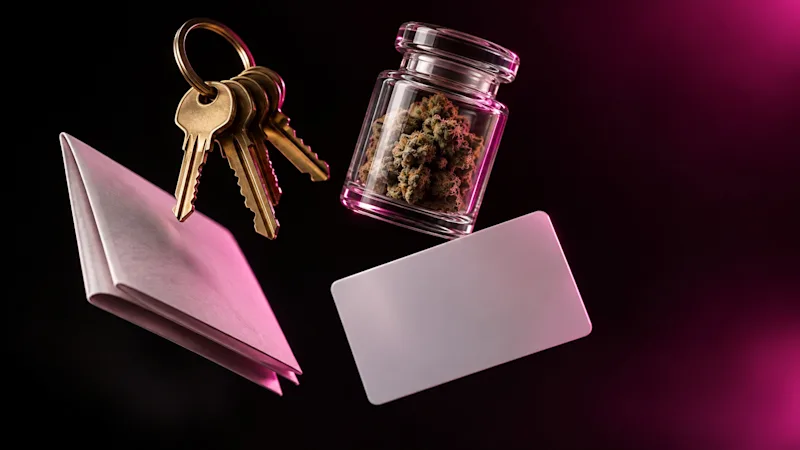 Shop keys, a jar of cannabis flower and a lease document floating on a black background