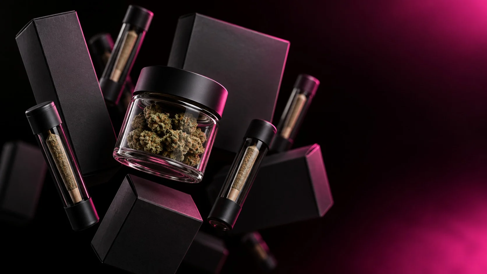 Unbranded cannabis packaging boxes, pre-roll tubes and a jar floating on a black background