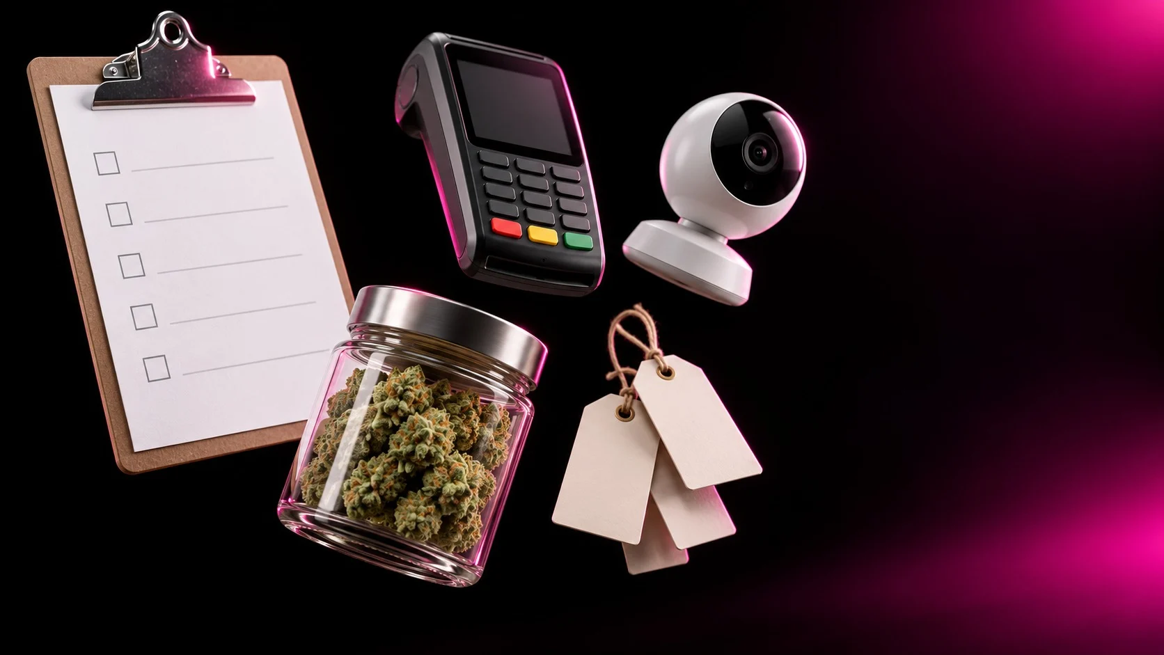 A checklist clipboard, payment terminal, security camera and cannabis jar floating on a black background