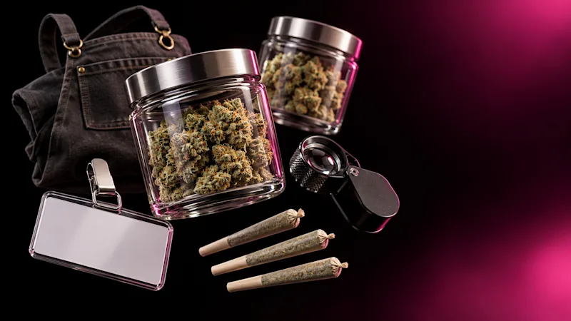 A name badge, apron, display jars of cannabis and a loupe floating on a black background