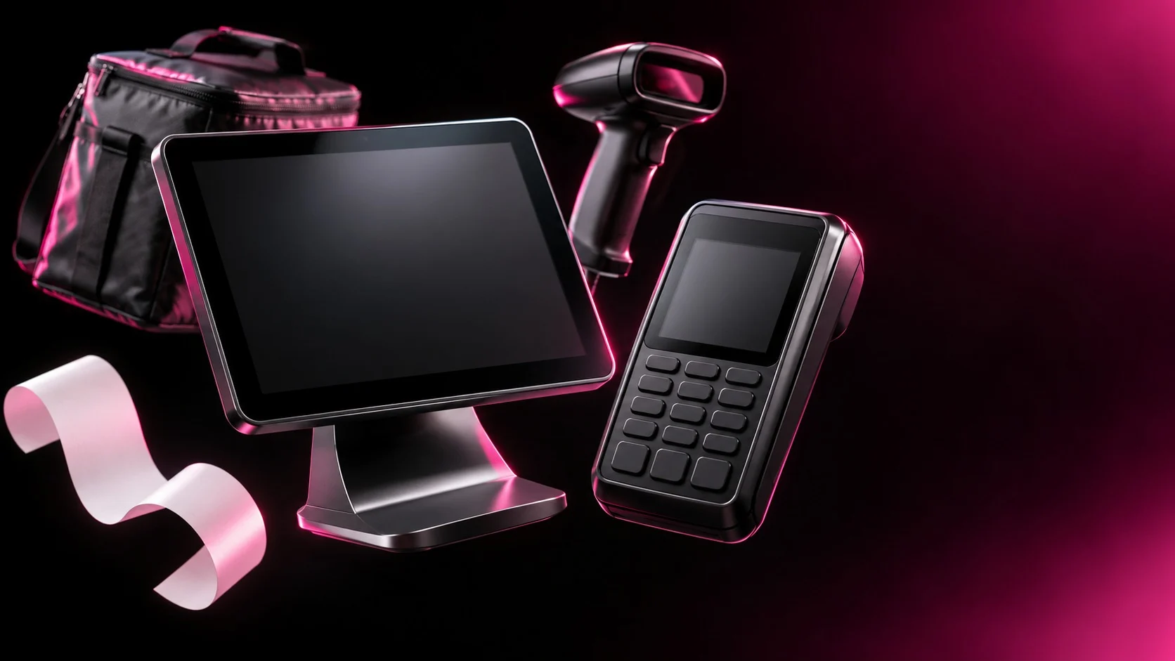 A point-of-sale tablet, card terminal, barcode scanner and delivery bag floating on a black background